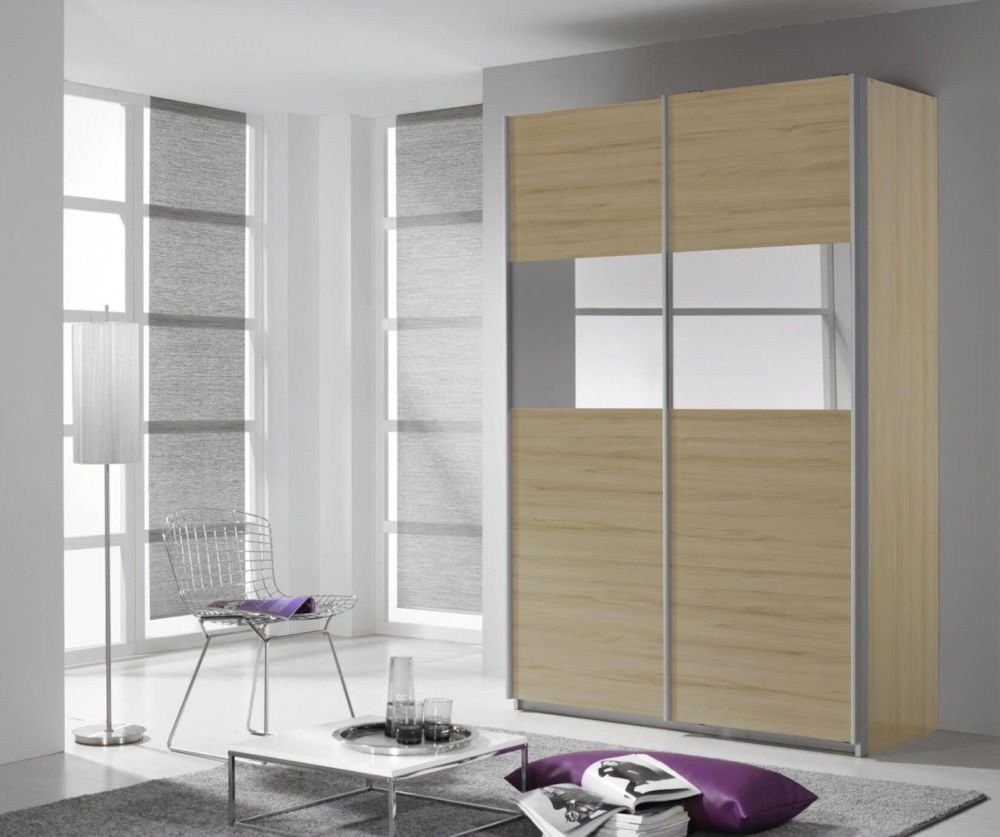 Rauch Quadra Silk Grey Part Glass Overlay Front 2 Door Sliding Wardrobe with Aluminum Colour Handle Strips(W136cm)