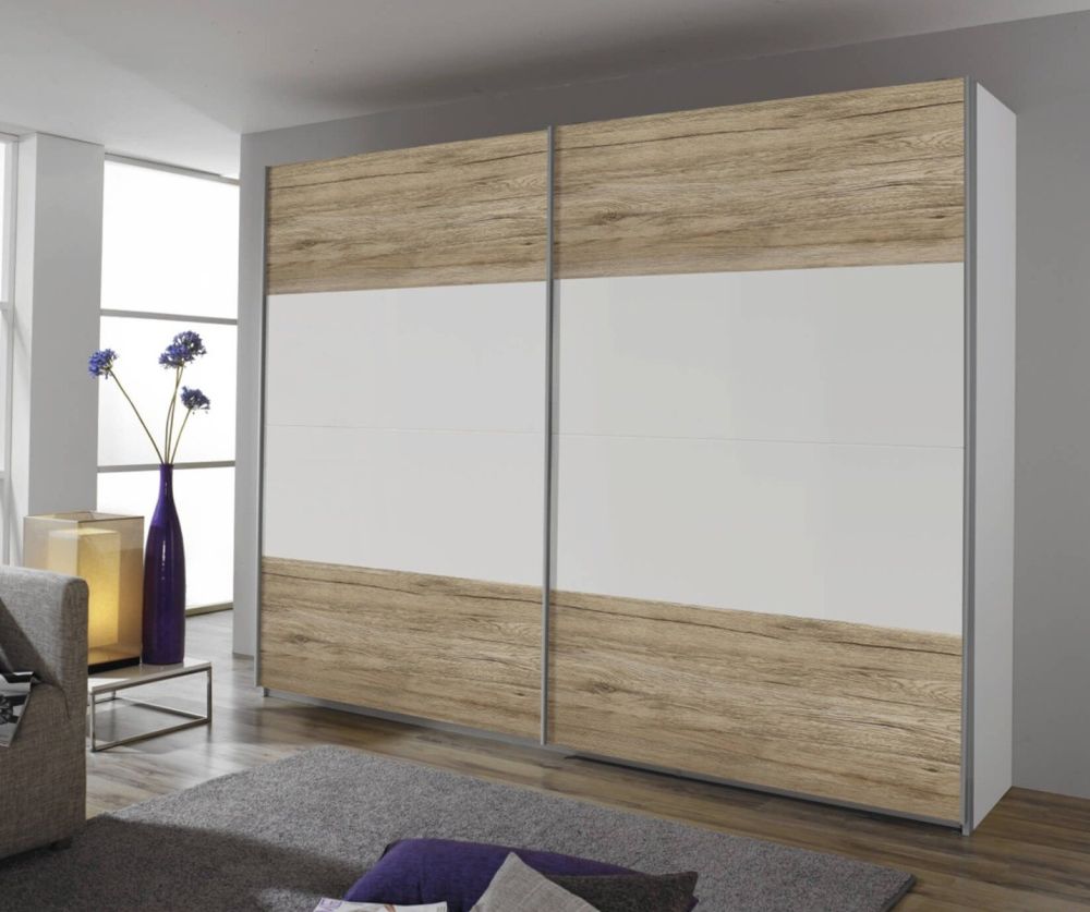 Rauch Quadra White Part Glass Front 2 Door Sliding Wardrobe with Aluminum Colour Handle Strips(W271cm)