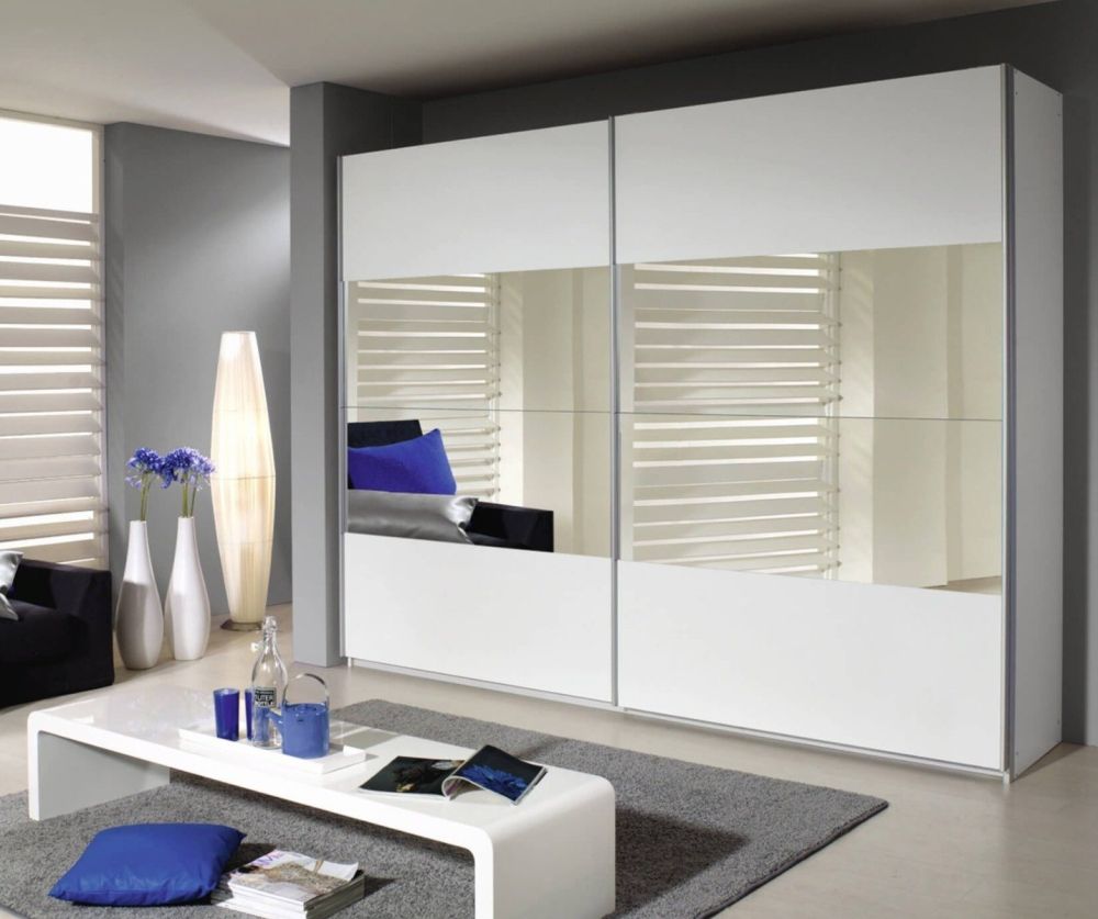 Rauch Quadra Effect Grey High Polish Front 2 Part Mirror 3 Door Sliding Wardrobe with Aluminum Colour Handle Strips(W315cm)
