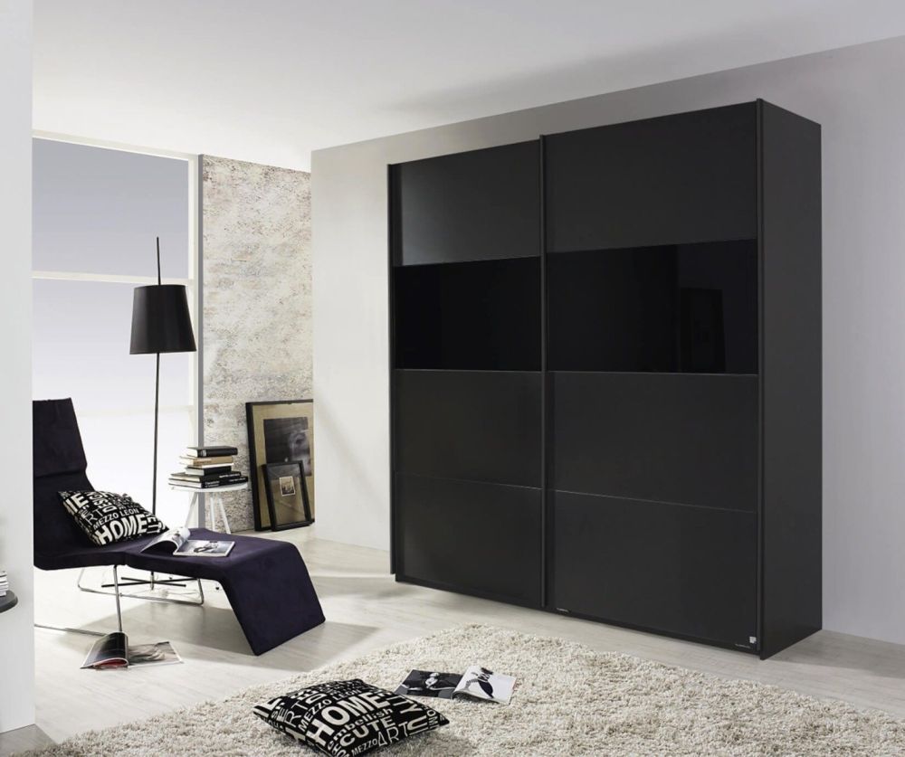 Rauch Quadra Black Glass Overlay 2 Sliding 1 Glass Door Wardrobe with Aluminum Colour Handle Strips(W136cm)