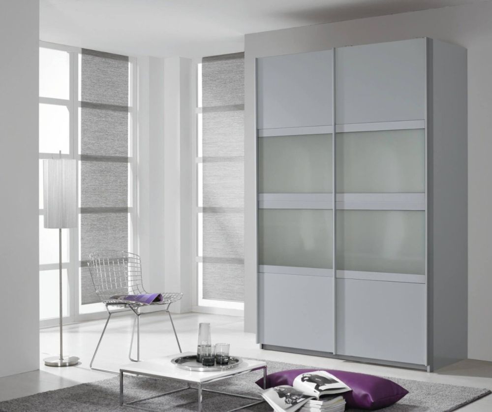 Rauch Quadra Silk Grey Glass Overlay 2 Door Sliding Wardrobe with Chrome Colour Handle Strips(W271cm)