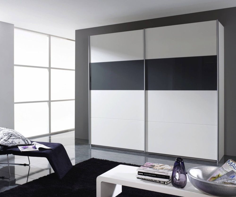 Rauch Quadra Black Glass Overlay 2 Door Sliding Wardrobe with Carcase Colour Handle Strips(W181cm)