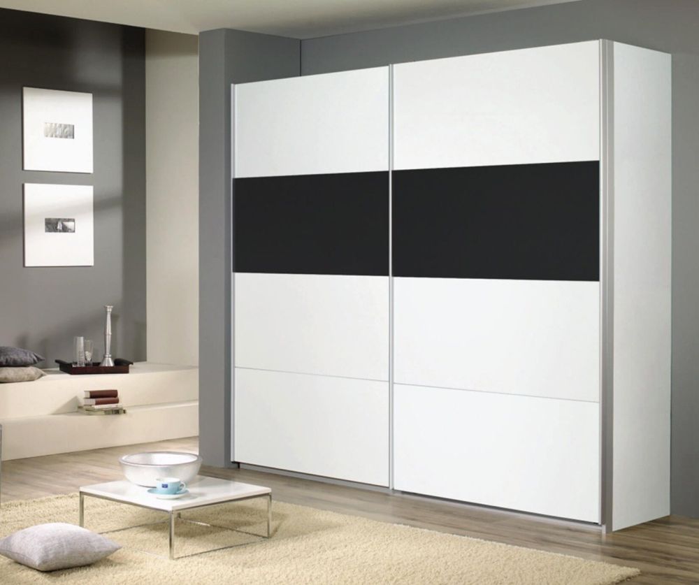 Rauch Quadra Black Part Glass Overlay Front 2 Door Sliding Wardrobe with Chrome Colour Handle Strips(W181cm)