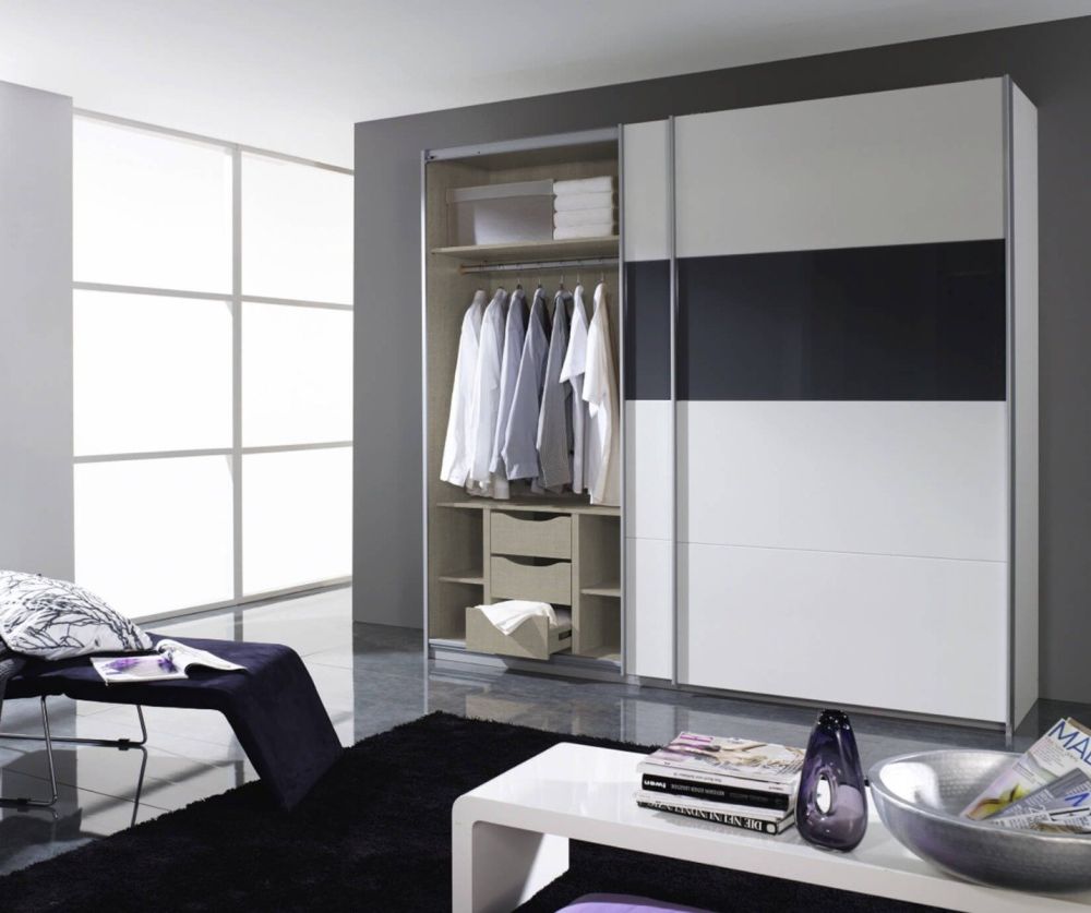 Rauch Quadra Black Part Glass Front 2 Door Sliding Wardrobe with Aluminum Colour Handle Strips(W271cm)