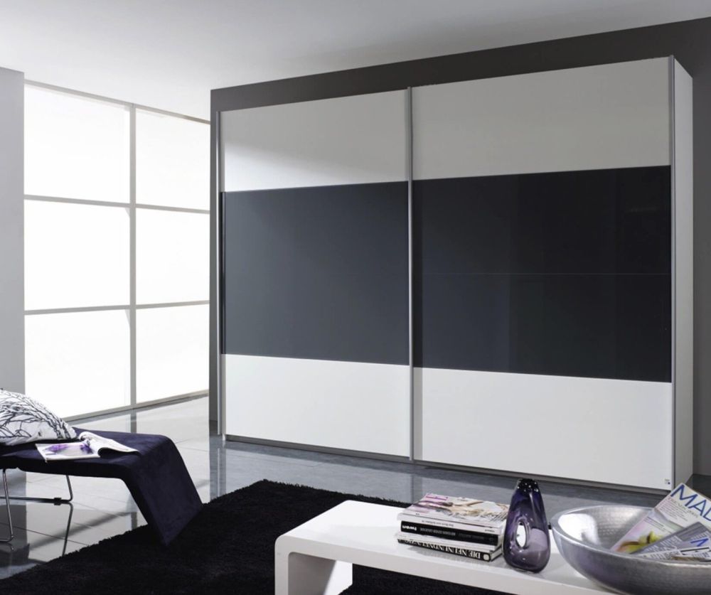 Rauch Quadra Black 2 Part Glass Overlay Front 3 Door Sliding Wardrobe with Aluminum Colour Handle Strips(W315cm)