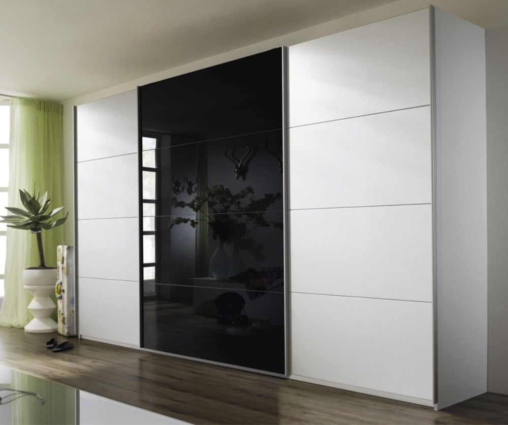 Rauch Quadra Black 3 Glass Overlay Door Sliding Wardrobe with Chrome Colour Handle Strips(W315cm)