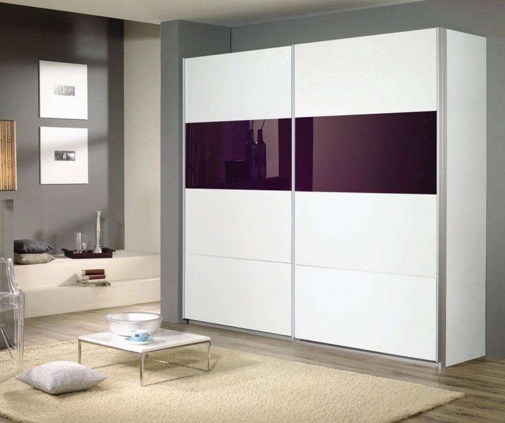 Rauch Quadra Blackberry Part Glass Overlay Front 2 Door Sliding Wardrobe with Chrome Colour Handle Strips(W181cm)