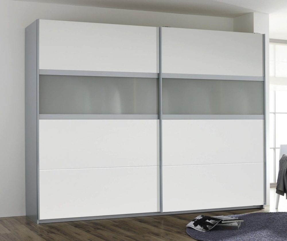 Rauch Quadra Silk Grey Glass Overlay 2 Door Sliding Wardrobe with Carcase Colour Handle Strips(W181cm)