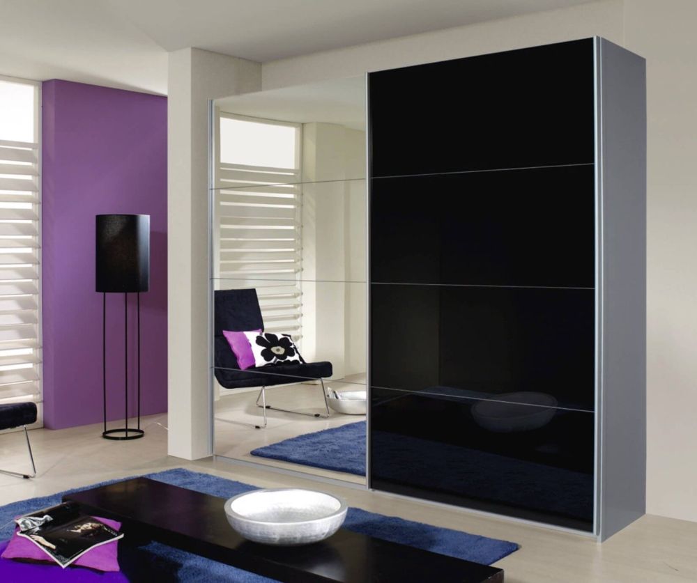 Rauch Quadra Basalt Glass Overlay 2 Sliding 1 Glass Door Wardrobe with Aluminum Colour Handle Strips(W136cm)