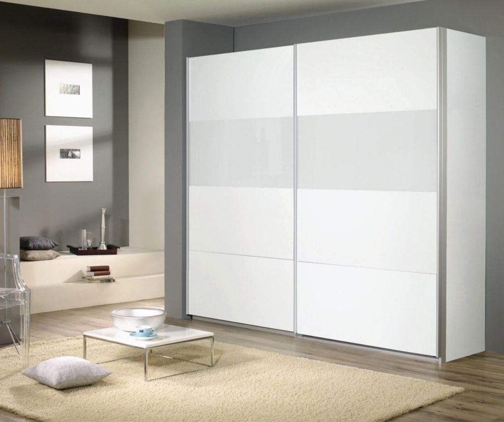 Rauch Quadra Silk Grey Part Glass Overlay Front 2 Door Sliding Wardrobe with Carcase Colour Handle Strips(W136cm)