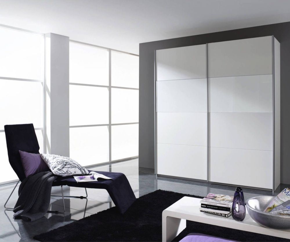 Rauch Quadra White Glass Overlay 2 Door Sliding Wardrobe with Carcase Colour Handle Strips(W181cm)