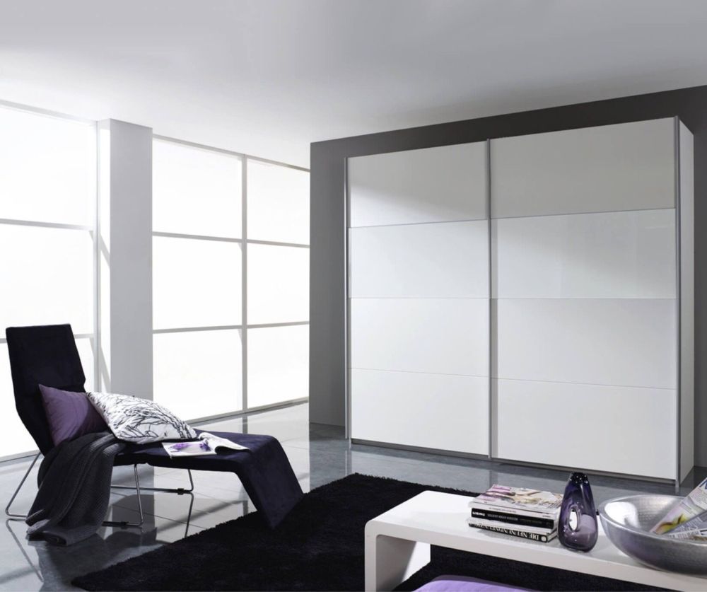Rauch Quadra White High Polish Front 2 Part Glass Door Sliding Wardrobe with Carcase Colour Handle Strips(W136cm)