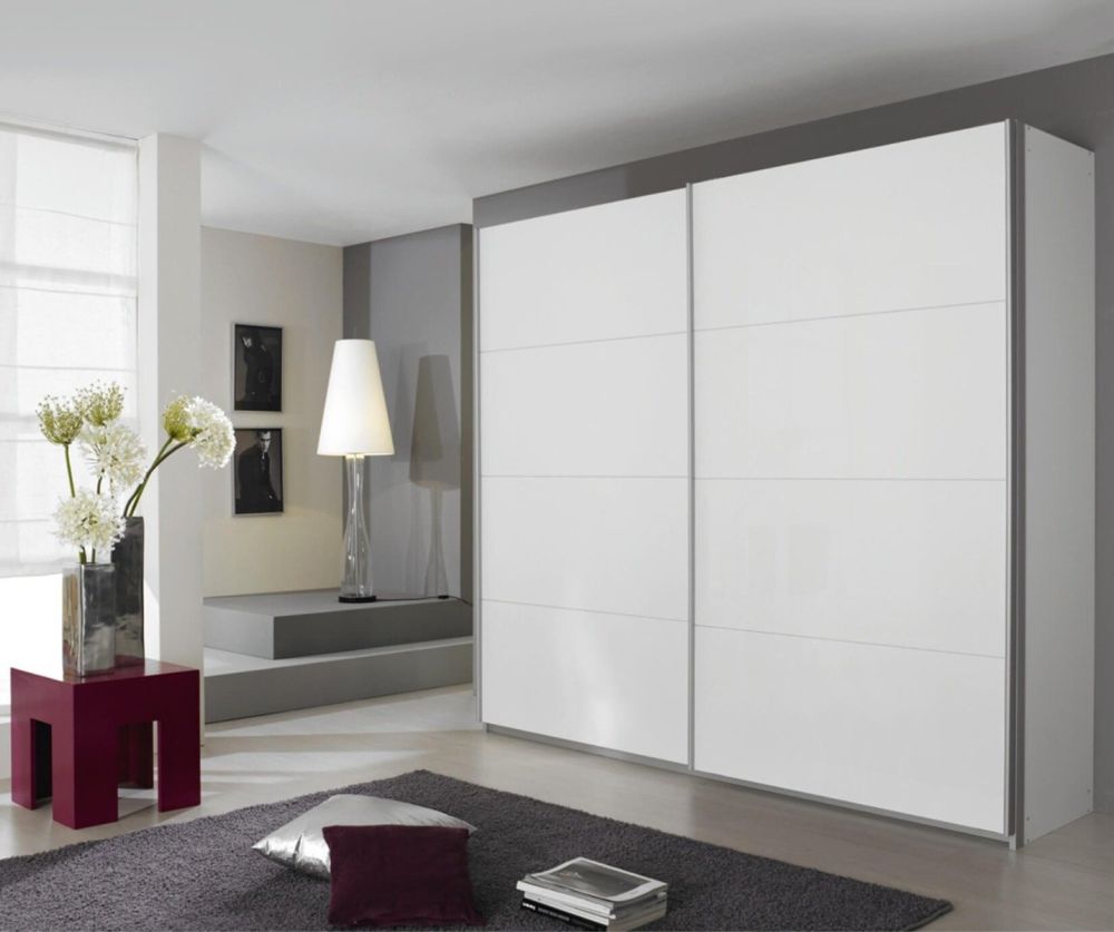 Rauch Quadra White Glass Overlay 2 Door Sliding Wardrobe with Chrome Colour Handle Strips(W271cm)