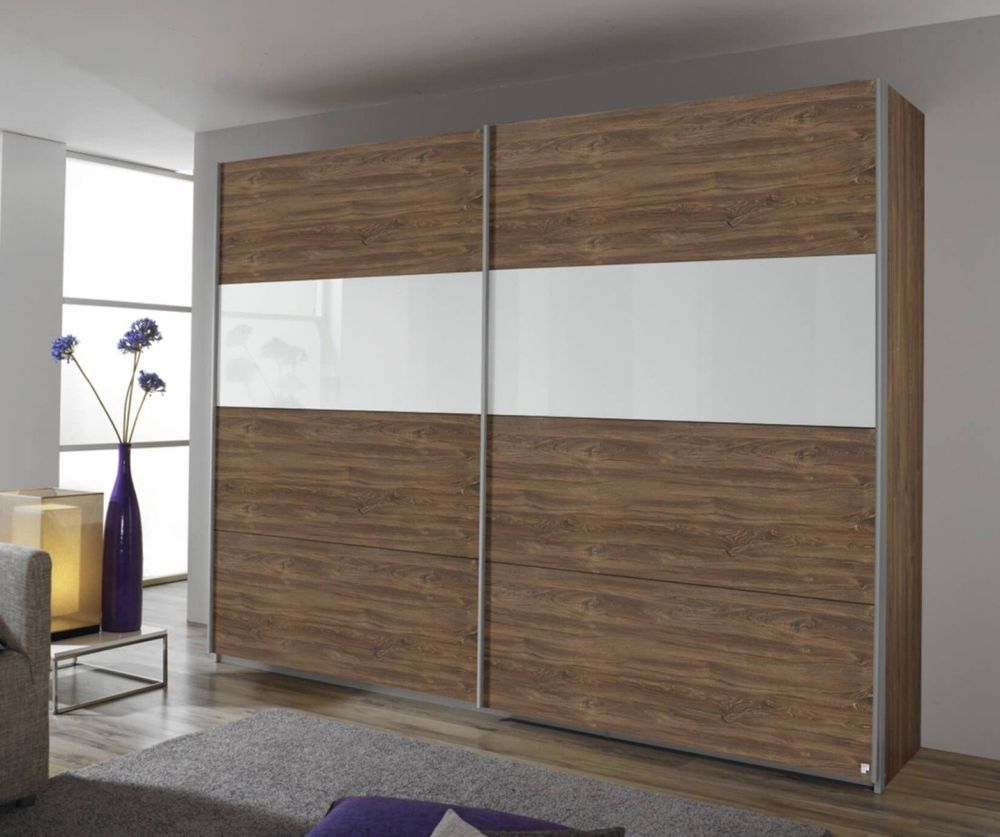 Rauch Quadra White Part Glass Front 3 Door Sliding Wardrobe with Chrome Colour Handle Strips(W315cm)