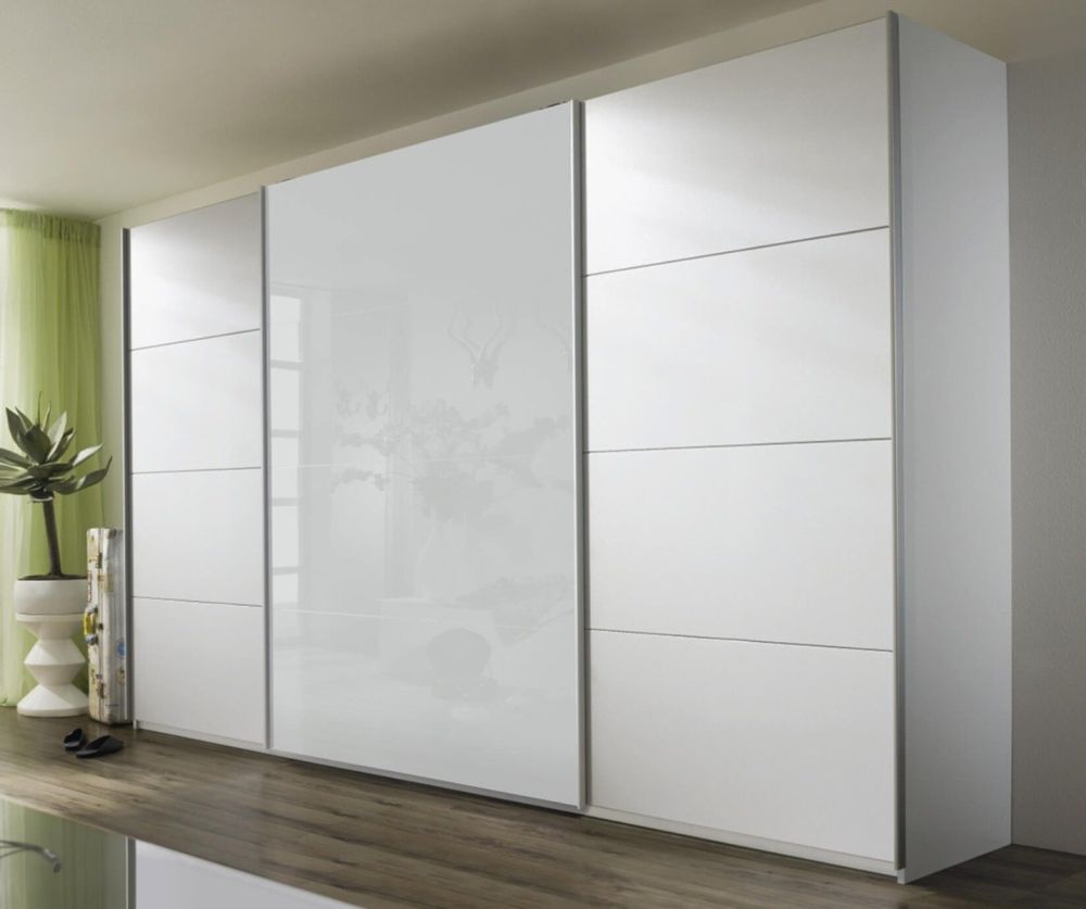 Rauch Quadra Silk Grey 3 Glass Overlay Door Sliding Wardrobe with Carcase Colour Handle Strips(W315cm)