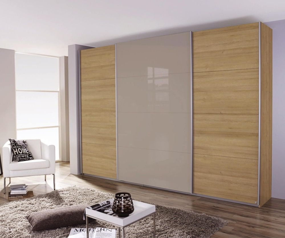 Rauch Quadra Silk Grey Part Glass Front 3 Door Sliding Wardrobe with Carcase Colour Handle Strips(W315cm)