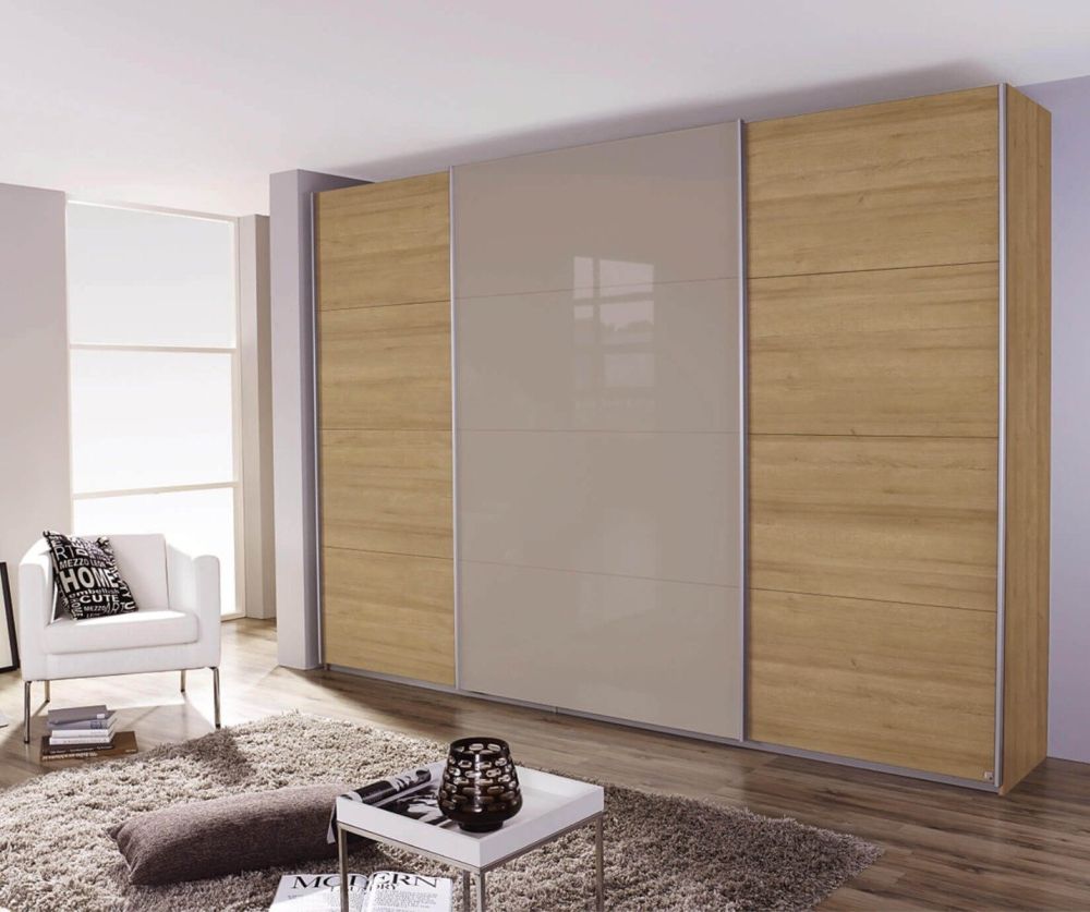 Rauch Quadra Silk Grey Part Glass Front 3 Door Sliding Wardrobe with Aluminum Colour Handle Strips(W315cm)