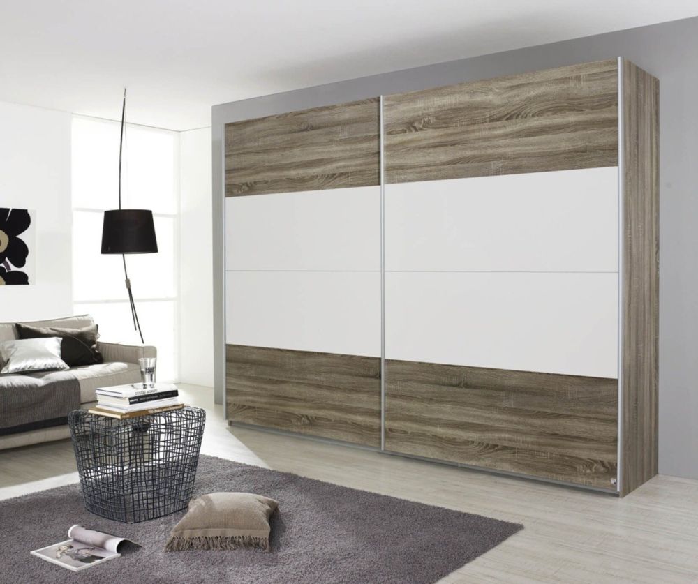 Rauch Quadra White 2 Part Glass Overlay Front 3 Door Sliding Wardrobe with Chrome Colour Handle Strips(W315cm)