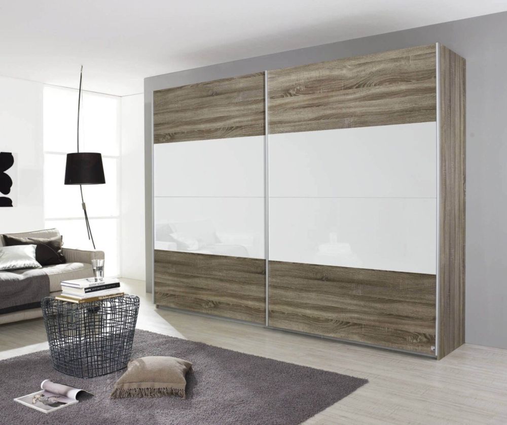 Rauch Quadra White 2 Part Glass Overlay Front 3 Door Sliding Wardrobe with Aluminum Colour Handle Strips(W315cm)
