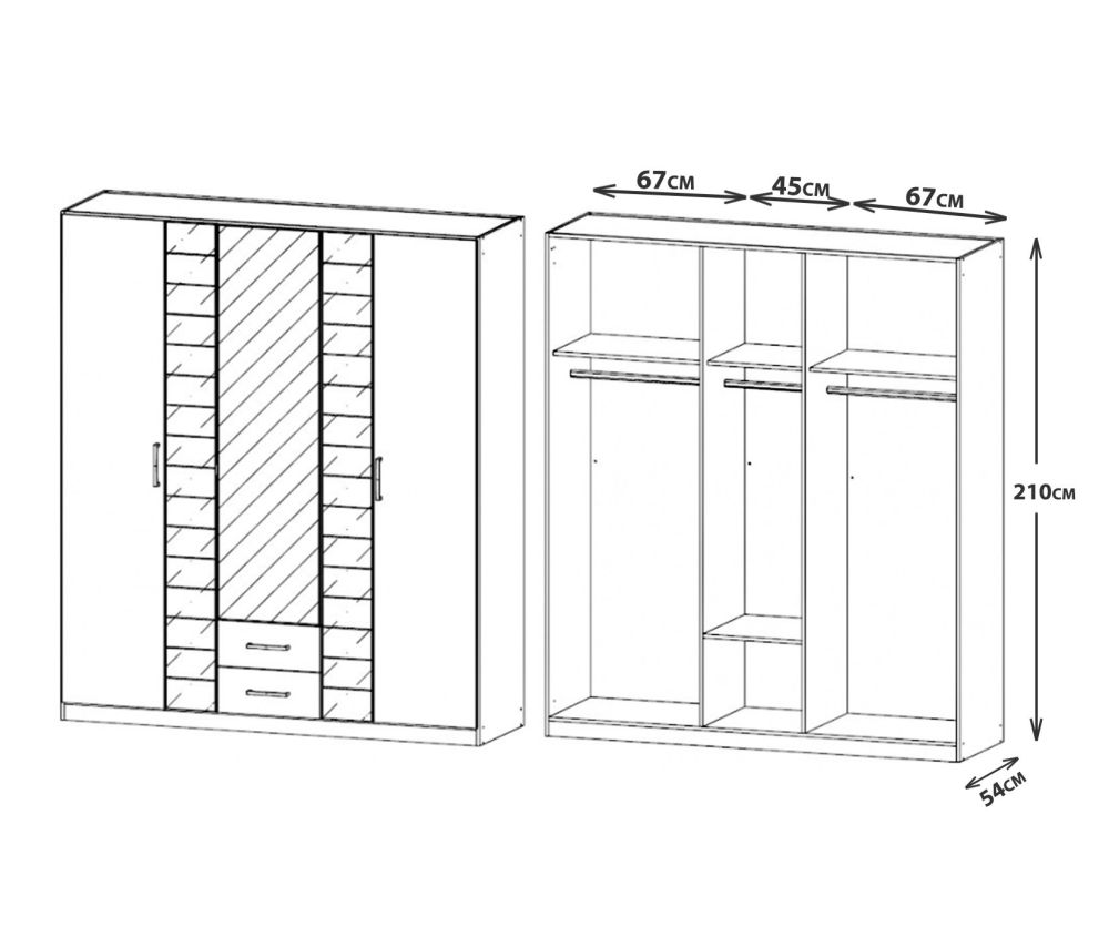 Rauch Terano Alpine White with Basalt Glass Overlay 5 Door 2 Drawer and 1 Mirror Wardrobe (W181cm)