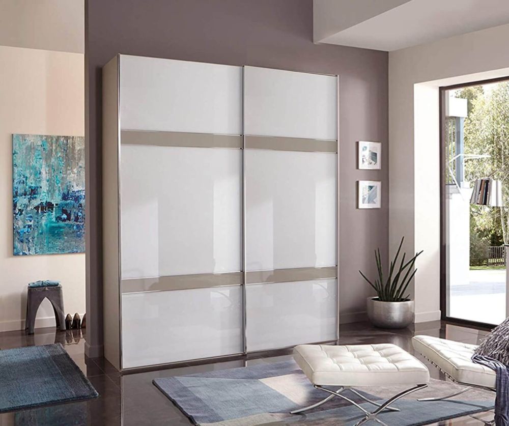 Wiemann Rialto Glass White Front 2 Door Sliding Wardrobe With 2 Cross Trims – W200cm