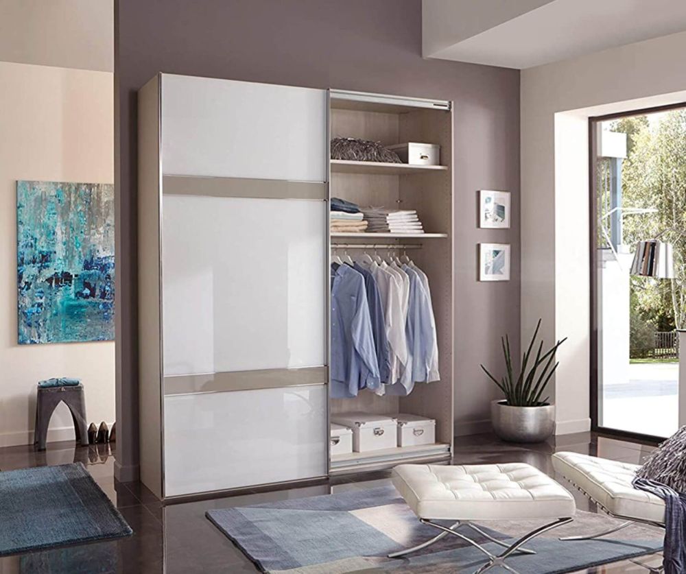 Wiemann Rialto Glass Pebble Grey Front 2 Door Sliding Wardrobe With 2 Cross Trims – W150cm