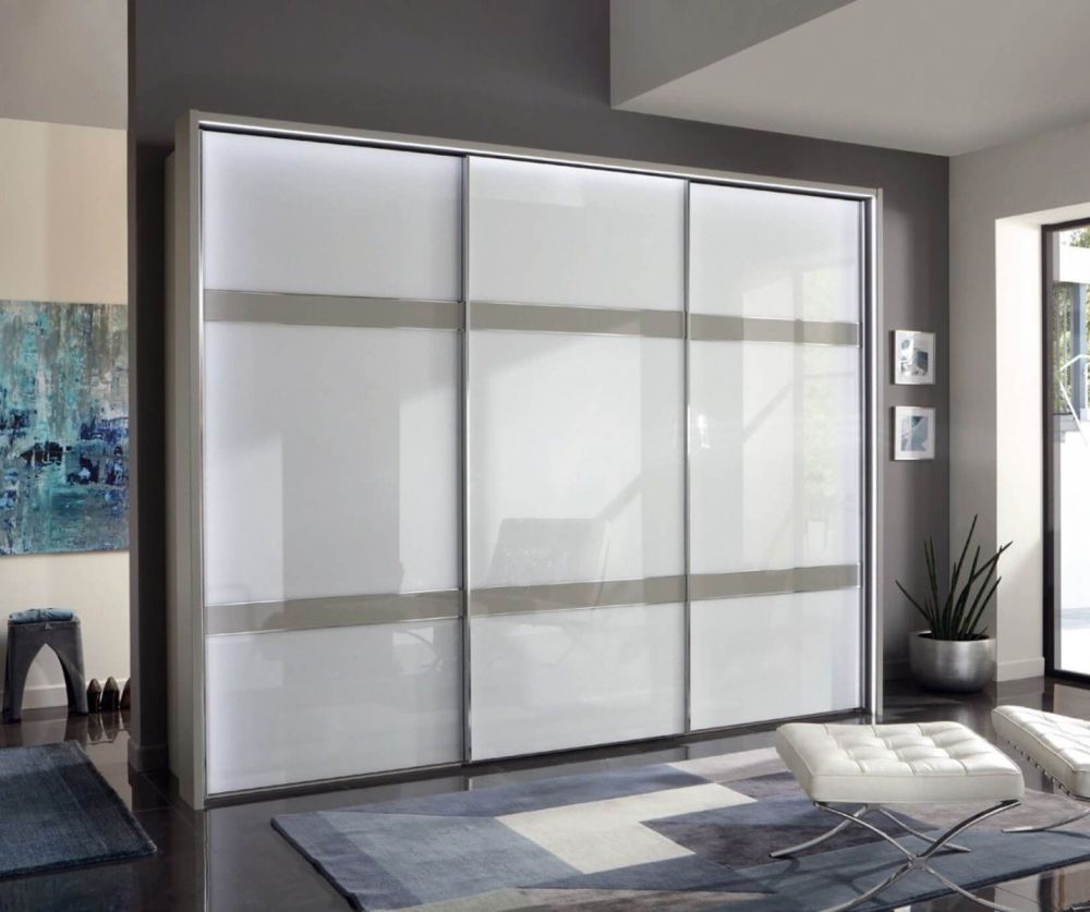 Wiemann Rialto Glass White 3 Door Sliding Wardrobe With 2 Cross Trims – W250cm