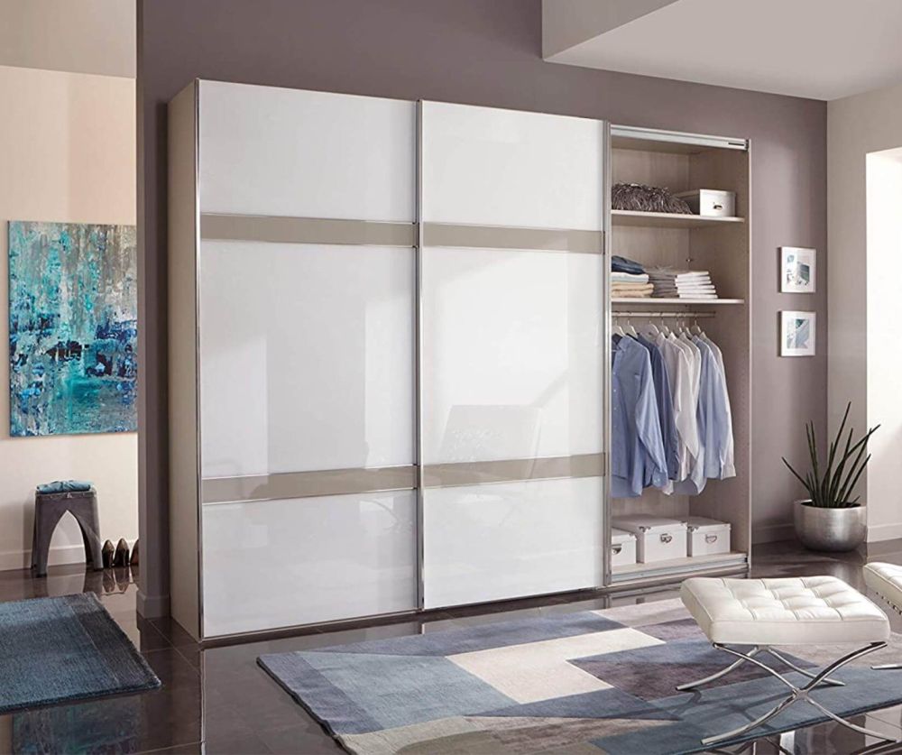 Wiemann Rialto Glass Pebble Grey 3 Door Sliding Wardrobe With 2 Cross Trims – W280cm