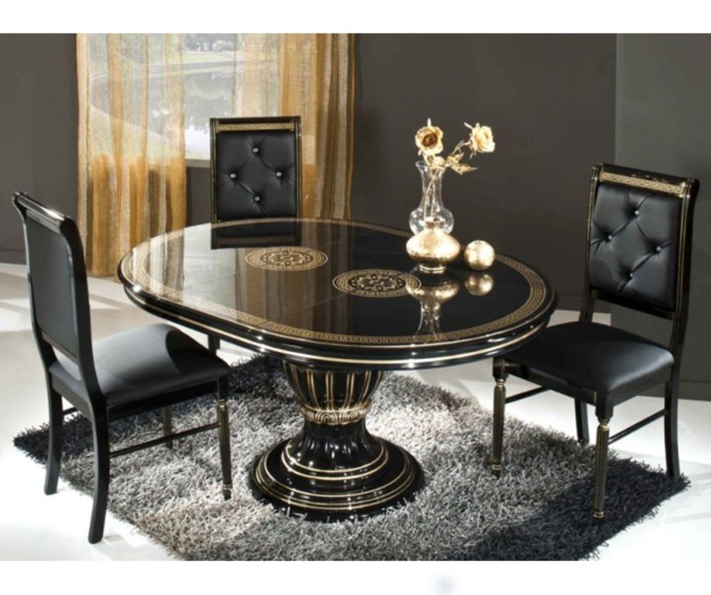 H2O Design Aurora Black and Gold Italian Round Extending Dining Set with Rossella Crystal Back Dining Chairs