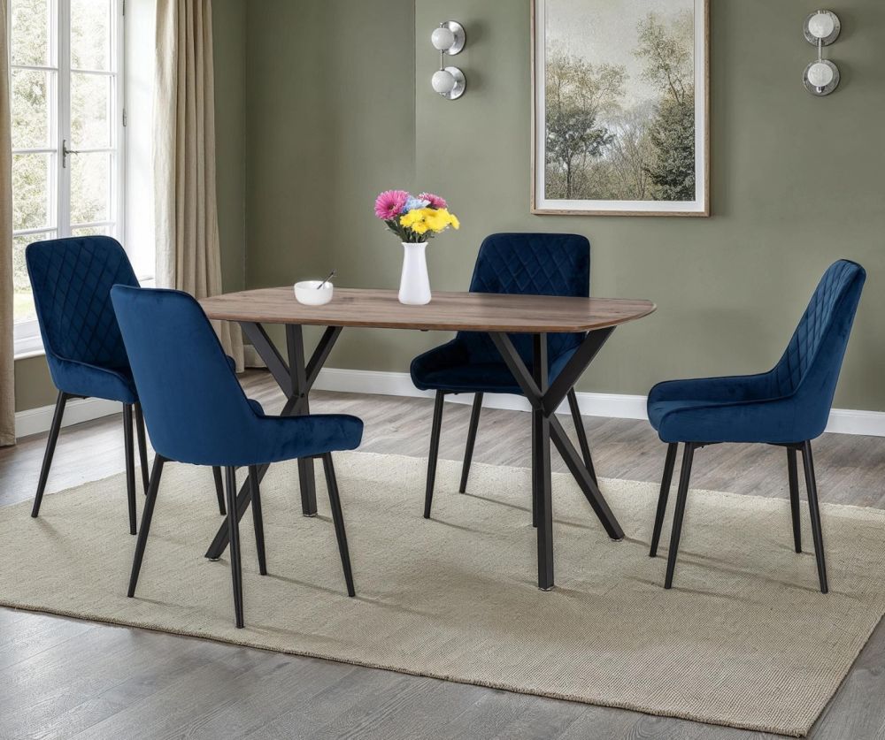 Seconique Furniture Athens Medium Oak Effect Rectangular Dining Set with Avery Chairs – Black & Sapphire Blue Velvet