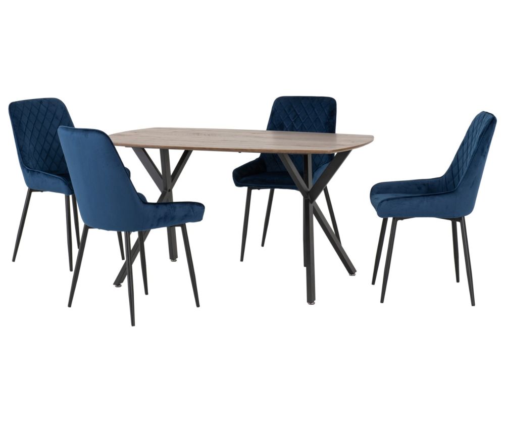 Seconique Furniture Athens Medium Oak Effect Rectangular Dining Set with Avery Chairs – Black & Sapphire Blue Velvet