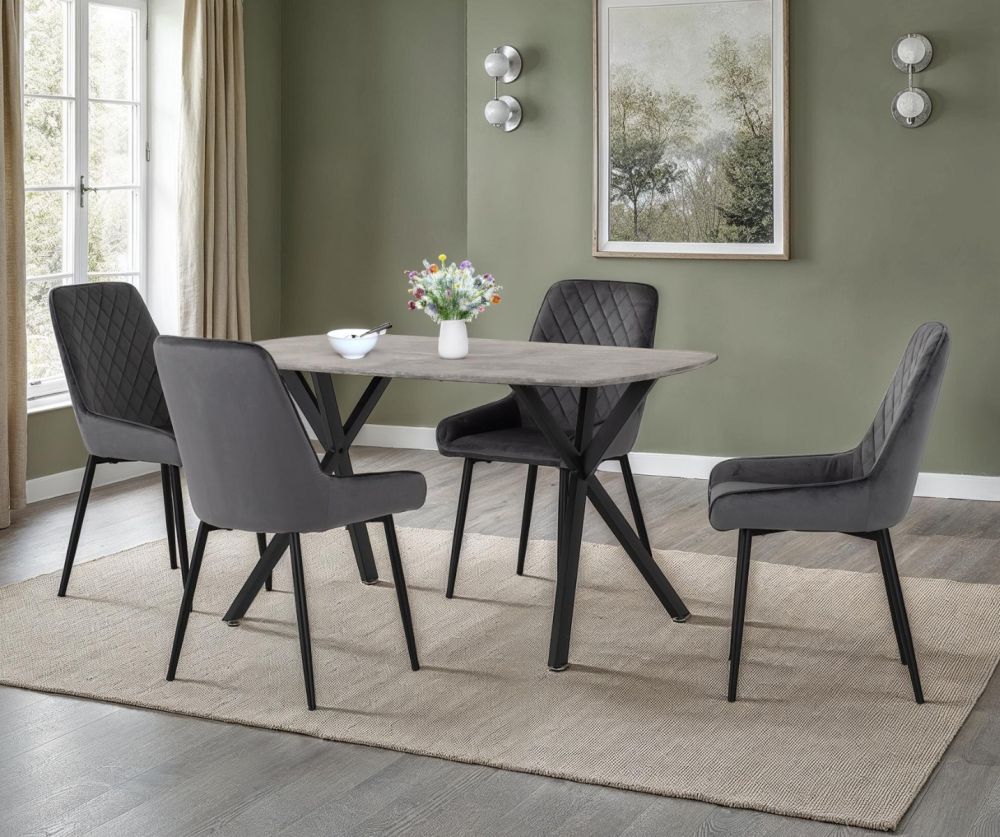 Seconique Furniture Athens Concrete Effect Rectangular Dining Set with Avery Chairs – Black & Grey Velvet