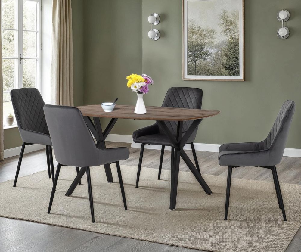 Seconique Furniture Athens Medium Oak Effect  Rectangular Dining Set with Avery Chairs – Black & Grey Velvet