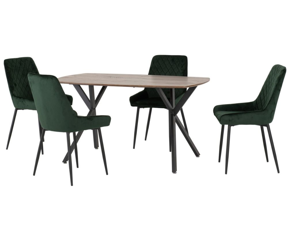 Seconique Furniture Athens Medium Oak Effect Rectangular Dining Set with Avery Chairs –  Black & Emerald Green Velvet