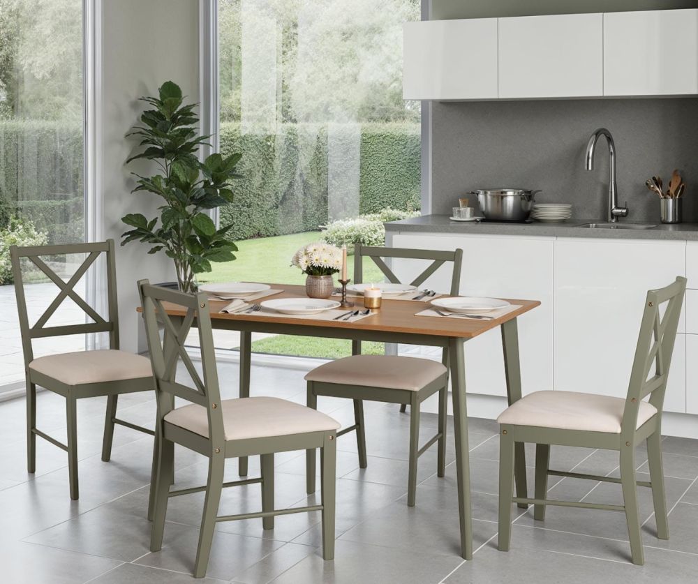 Seconique Furniture Balfour 1+4 Dining Set – Sage Green with Mink Microsuede Chairs & Oak Effect Table