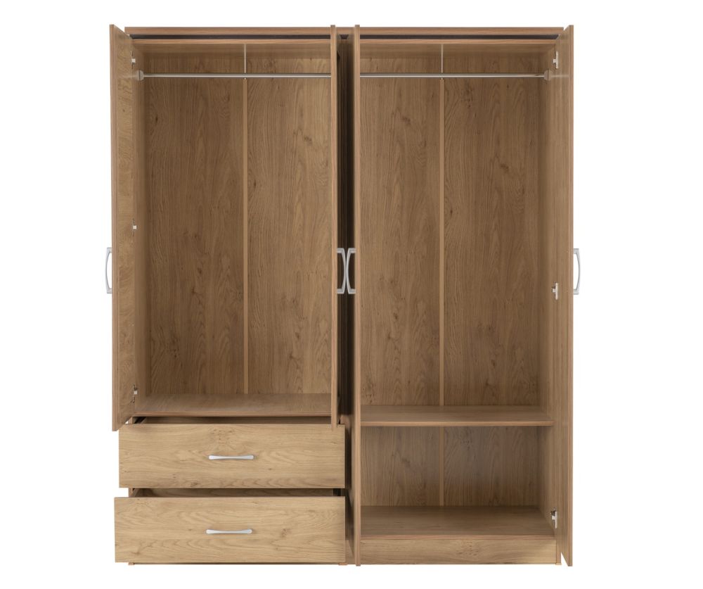 Seconique Furniture Charles 4 Door 2 Drawer Wardrobe – Oak and Walnut Effect 