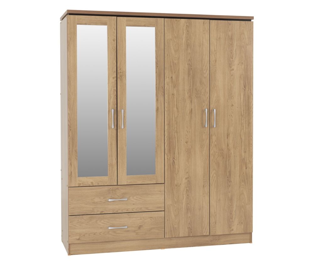 Seconique Furniture Charles 4 Door 2 Drawer Wardrobe – Oak and Walnut Effect 