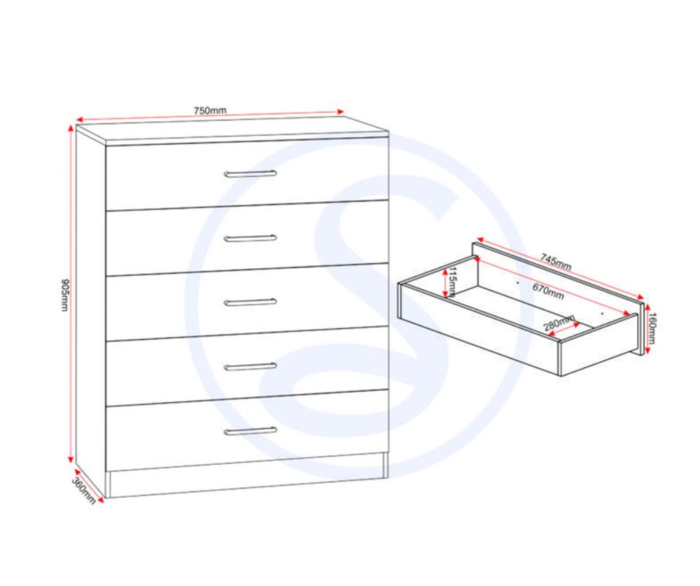 Seconique Furniture Dakota White 5 Drawer Chest 