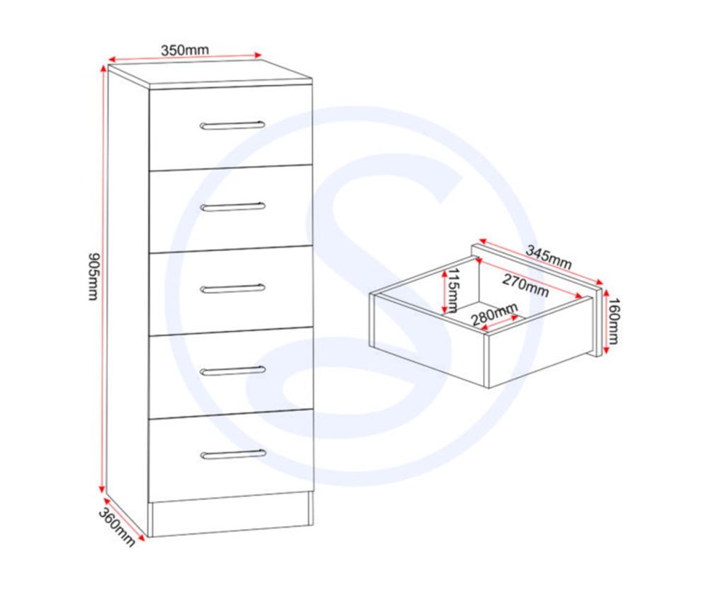 Seconique Furniture Dakota Dark Grey 5 Drawer Narrow Chest 