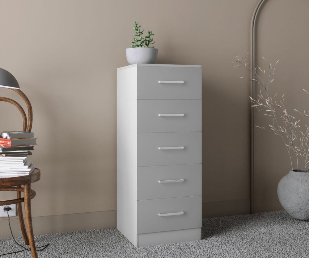 Seconique Furniture Dakota Light Grey 5 Drawer Narrow Chest 