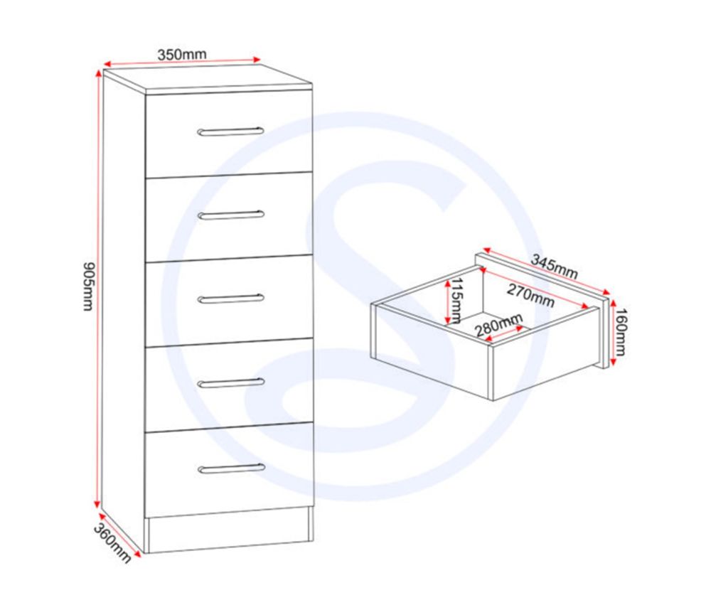 Seconique Furniture Dakota Light Grey 5 Drawer Narrow Chest 