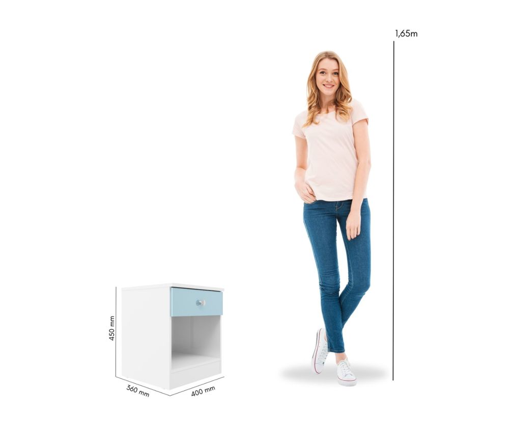  Seconique Furniture Denver White and Blue Gloss 1 Drawer Bedside Cabinet