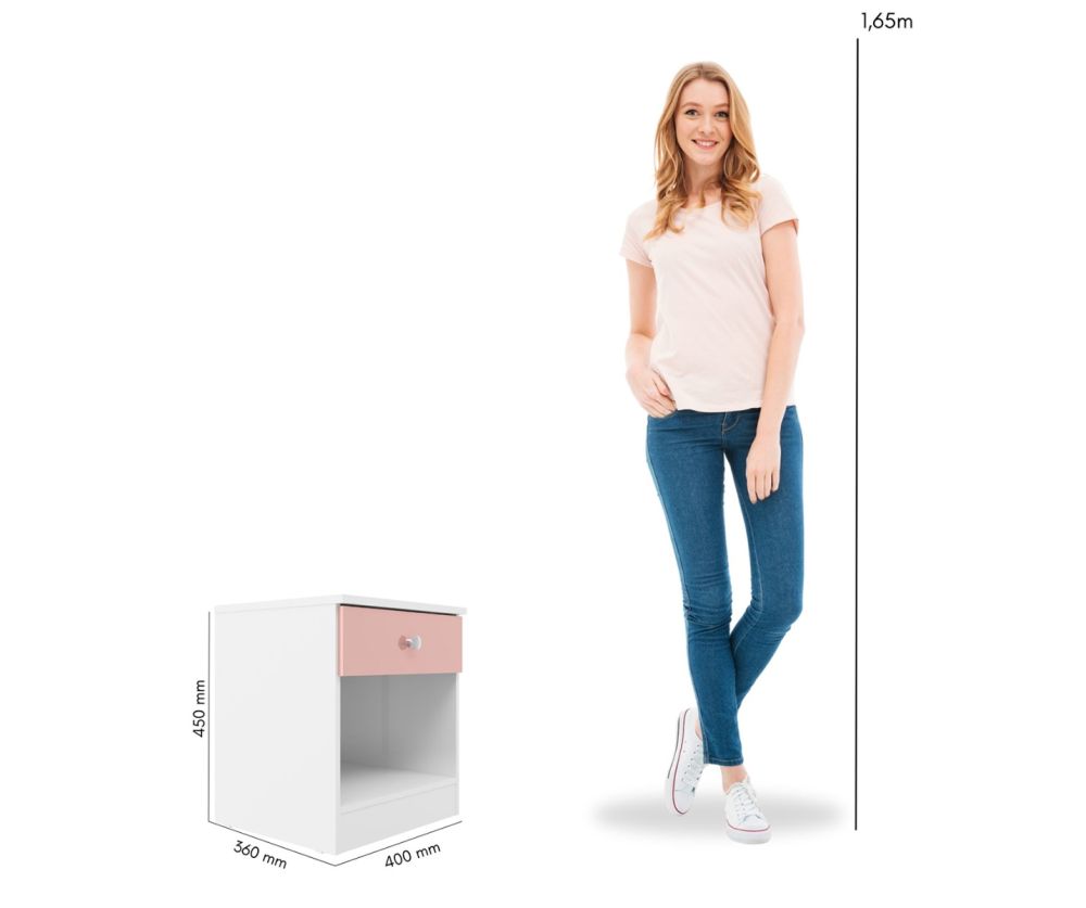  Seconique Furniture Denver White and Pink Gloss 1 Drawer Bedside Cabinet