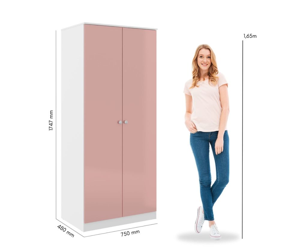 Seconique Furniture Denver White and Pink Gloss 2 Door Wardrobe