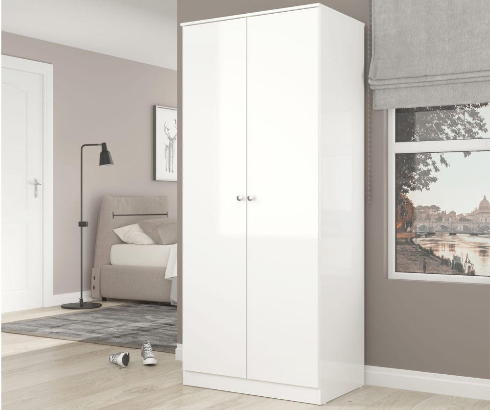  Seconique Furniture Denver White Gloss 2 Door Wardrobe