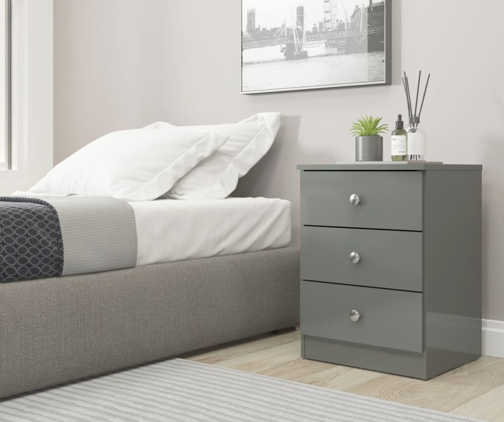 Seconique Furniture Denver Grey Gloss 3 Drawer Bedside
