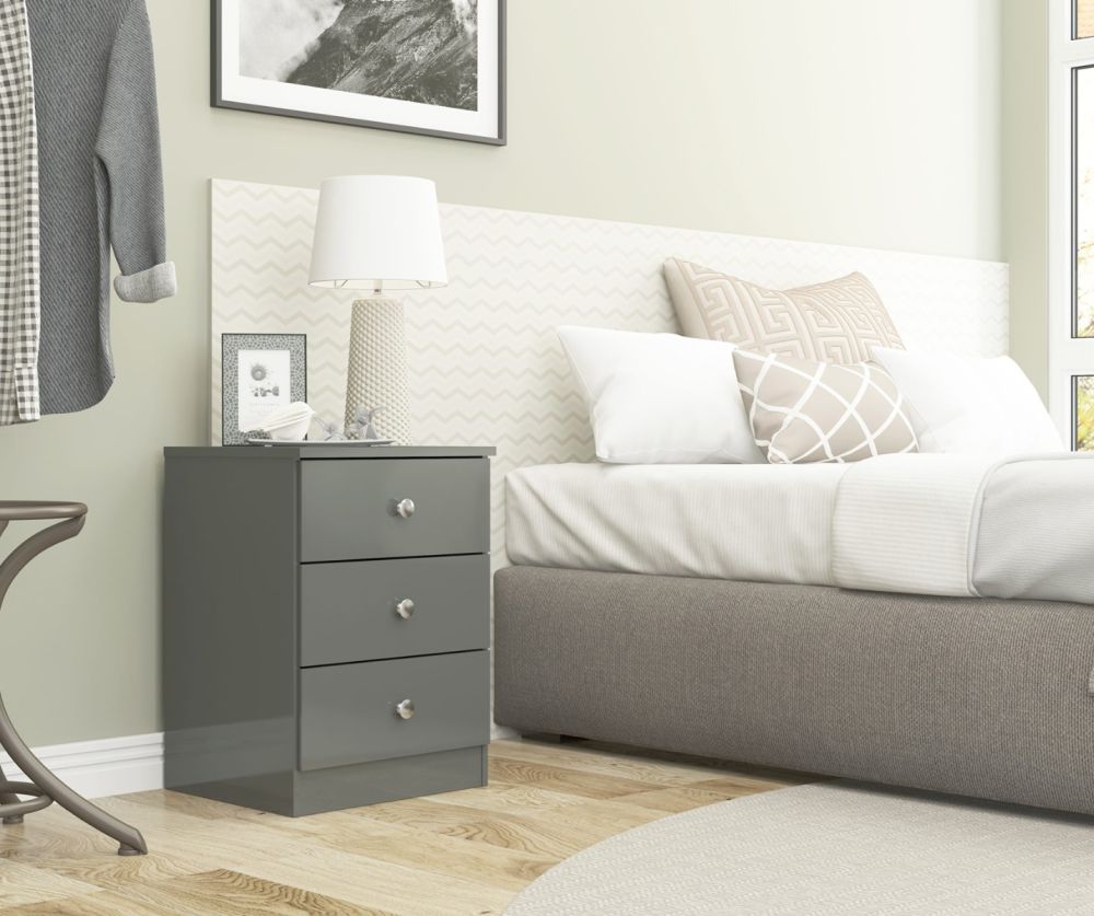Seconique Furniture Denver Grey Gloss 3 Drawer Bedside