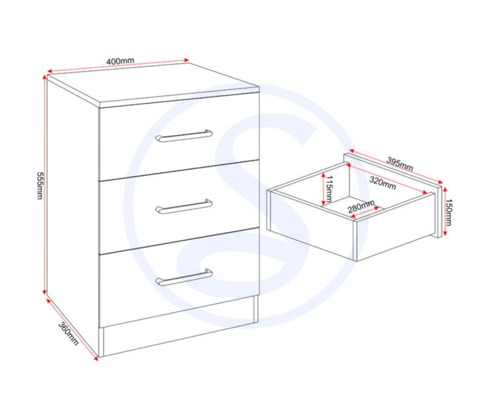 Seconique Furniture Denver Grey Gloss 3 Drawer Bedside