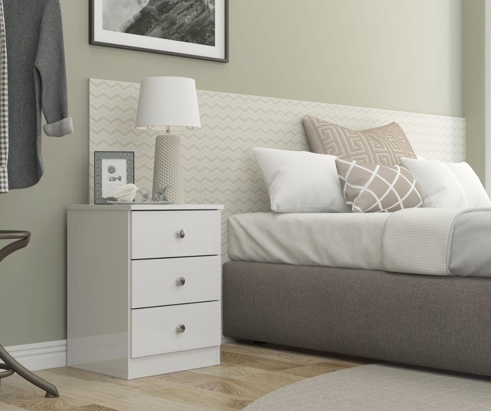  Seconique Furniture Denver White Gloss 3 Drawer Bedside