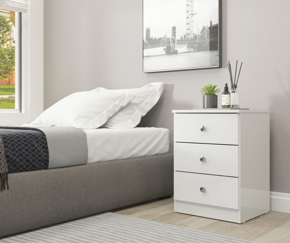  Seconique Furniture Denver White Gloss 3 Drawer Bedside